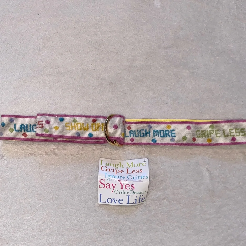 NWT Gretchen Scott needlepoint d-ring inspirational quotes  belt Sz S